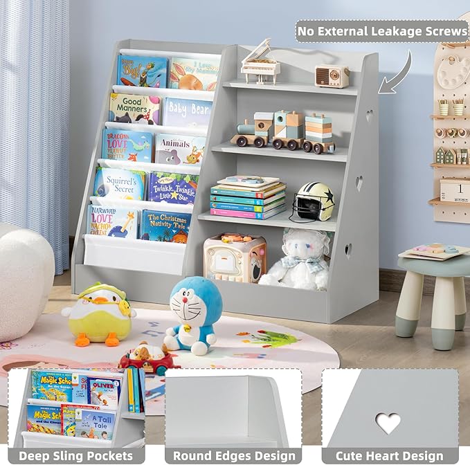 Lerliuo 4 Tier Kids Bookshelf and Storage Organizer, Five Layer Sling Children Bookcase, Baby Toddler Wooden Book Shelf, Display Cabinet for Playroom, Bedroom, Classroom, Nursery, School (Grey) - LeafyLoom