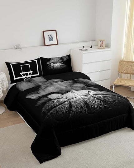 Erosebridal Basketball Comforter Set for Boys Teen King Size Sports Basketball Bedding Set Basketball Room Decor Reversible Black Down Comforter Grey Hippie Smoke Quilt Duvet Insert 2 Pillow Case - LeafyLoom