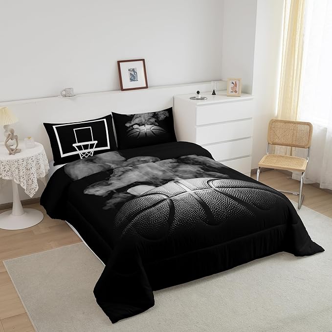 Erosebridal Basketball Comforter Set for Boys Teen King Size Sports Basketball Bedding Set Basketball Room Decor Reversible Black Down Comforter Grey Hippie Smoke Quilt Duvet Insert 2 Pillow Case - LeafyLoom