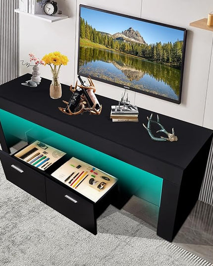 LED TV Stand for Televisions up to 65 inches, Entertainment Center and Media Console with Storage Drawers and Glass Shelves for Living Room, Bedroom - LeafyLoom