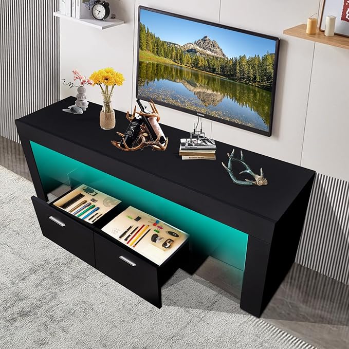 LED TV Stand for Televisions up to 65 inches, Entertainment Center and Media Console with Storage Drawers and Glass Shelves for Living Room, Bedroom - LeafyLoom