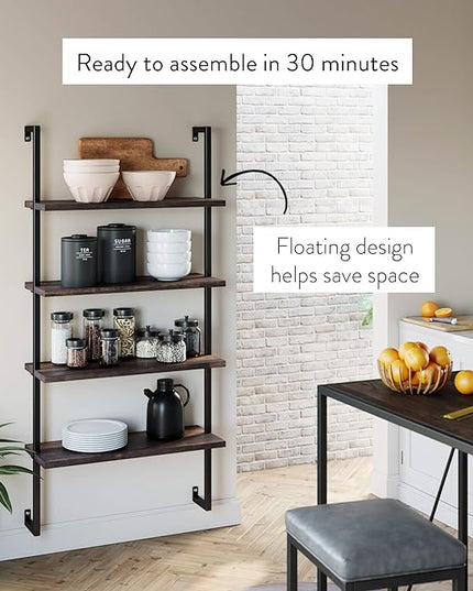 Nathan James Theo 4-Shelf Bookcase, Floating Wall Mount Shelves with Natural Wood and Industrial Pipe Metal Frame, Nutmeg/Black - LeafyLoom