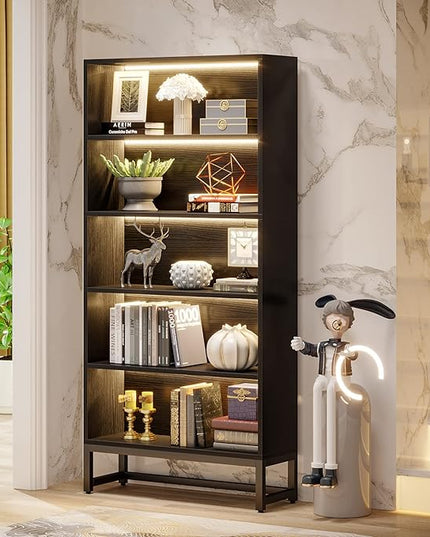 Tribesigns Tall Bookcase Black Bookshelf, 70.8” Large Bookcases Organizer with LED Lights, Heavy Duty Free-Standing Library Bookshelf with 5-Tier Storage Shelves for Living Room, Bedroom (Black) - LeafyLoom