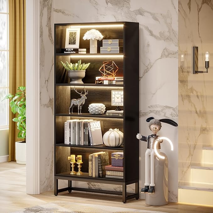 Tribesigns Tall Bookcase Black Bookshelf, 70.8” Large Bookcases Organizer with LED Lights, Heavy Duty Free-Standing Library Bookshelf with 5-Tier Storage Shelves for Living Room, Bedroom (Black) - LeafyLoom