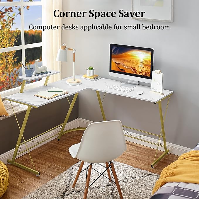 Mr IRONSTONE L Shaped Desk Computer Corner Desk, Home Gaming Desk, Office Writing Workstation with Large Monitor Stand, Easy to Assemble (White,51 Inch) - LeafyLoom