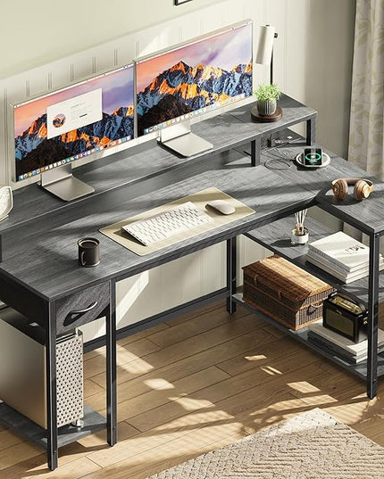 SUPERJARE 53 inch Reversible L Shaped Desk with LED Lights & Power Outlets, Computer Desk with Shelves & Monitor Stand, Gaming Desk with Drawer, Home Office Desk Corner Desk, Grey - LeafyLoom