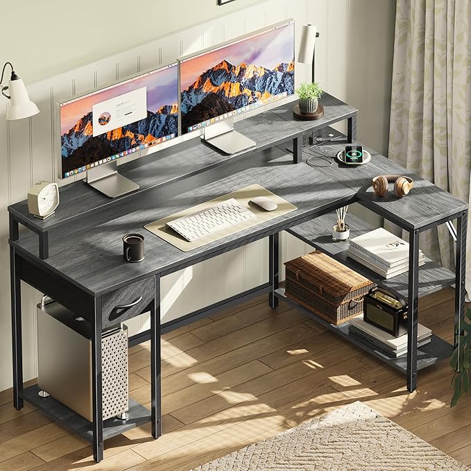 SUPERJARE 53 inch Reversible L Shaped Desk with LED Lights & Power Outlets, Computer Desk with Shelves & Monitor Stand, Gaming Desk with Drawer, Home Office Desk Corner Desk, Grey - LeafyLoom