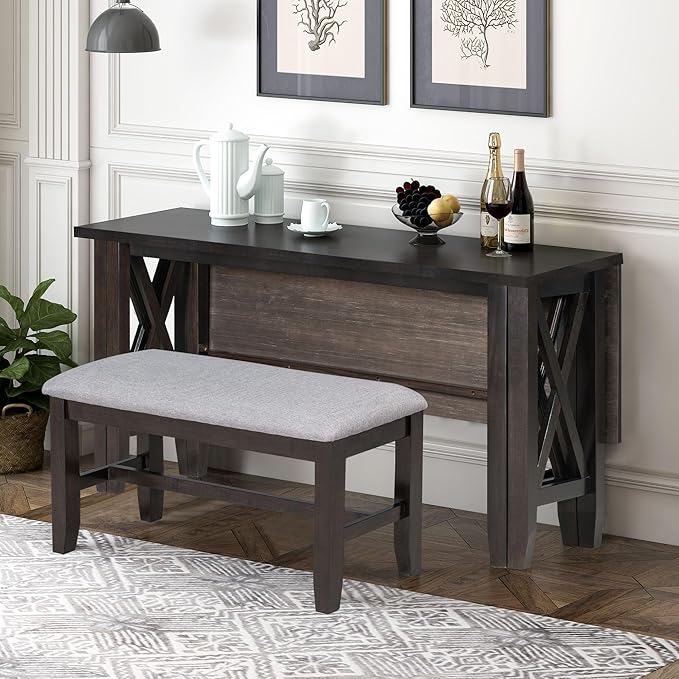 6-Piece Solid Wood Dinette Sets includes Foldable Dining Table, 4 Upholstered Chairs & Bench, for Diningroom Living Room, Easy to Assemble, Espresso 1 - LeafyLoom