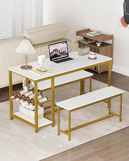 3-Piece Kitchen Table for 4, 55" Dining Table Set with 2 Benches, Dining Room Table with Metal Frame, Storage Shelf, Wine and Glass Rack, Modern (white) (White) - LeafyLoom