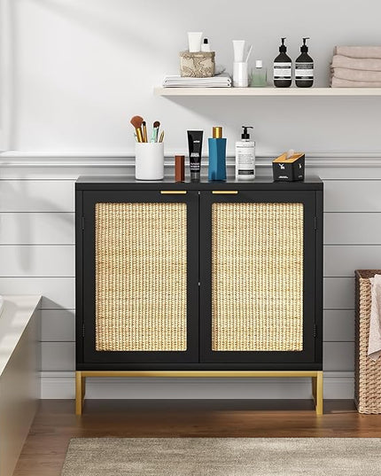 Anmytek Rattan Sideboard Buffet Kitchen Storage Cabinet with 2 Doors, Modern Black Accent Cabinet for Kitchen Buffet Cabinet with Storage for Kitchen - LeafyLoom