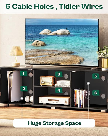 TV Stand for 55 Inch TV, Entertainment Center with Storage, 2 Cabinets, TV Console Media Cabinet with 6 Cable Holes, Black TV Stand for Living Room, Bedroom - LeafyLoom