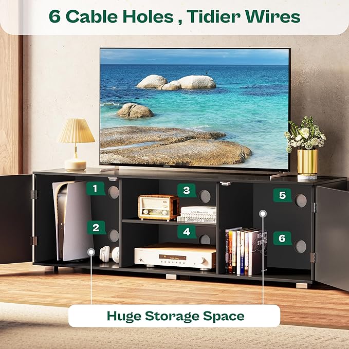 TV Stand for 55 Inch TV, Entertainment Center with Storage, 2 Cabinets, TV Console Media Cabinet with 6 Cable Holes, Black TV Stand for Living Room, Bedroom - LeafyLoom