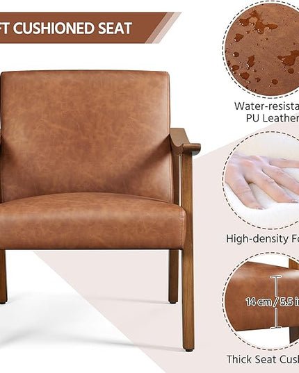 Yaheetech PU Leather Accent Chair, Mid-Century Modern Armchair with Solid Wood Legs, Reading Leisure Chair with High Back for Living Room Bedroom Waiting Room, Light Brown - LeafyLoom