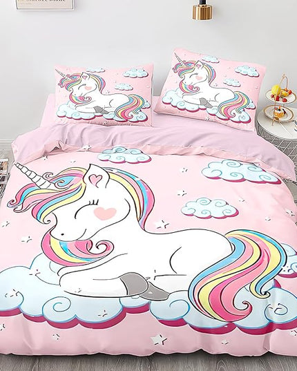 Kids Comforter Bedding Set Twin Size, 3 Piece Super Soft Breathable Print Kids Bedding Sets for Girls, Machine Washable Durable Comforter Set with Comforter and 2 Pillowcases (Twin, Pink Unicorn) - LeafyLoom
