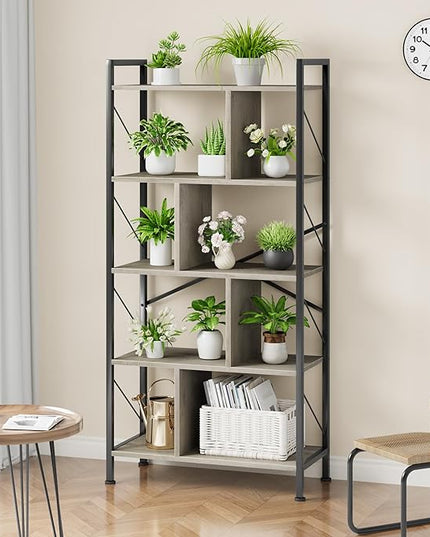 5 Tier Bookshelf with Storage, 61 Inch Tall Industrial Book Shelf with Open Display Bookshelves, 5 Shelf Bookcase with Metal Frame for Living Room, Bedroom and Home Office-Grey - LeafyLoom