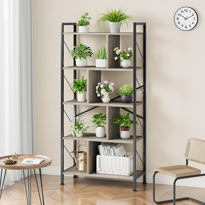 5 Tier Bookshelf with Storage, 61 Inch Tall Industrial Book Shelf with Open Display Bookshelves, 5 Shelf Bookcase with Metal Frame for Living Room, Bedroom and Home Office-Grey - LeafyLoom