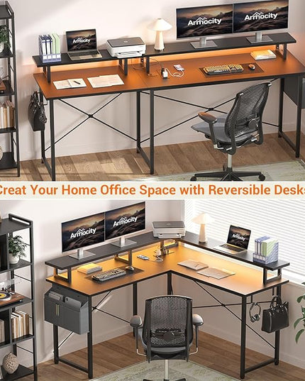 armocity L Shaped Computer Desk with Power Outlets, Gaming Desk L Shaped with LED Lights, Corner Desk with Storage Shelves, Work Study Desk for Bedroom, Home Office Small Spaces, 47'', Black - LeafyLoom