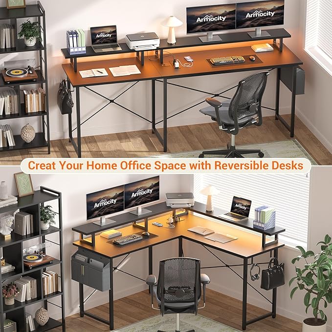 armocity L Shaped Computer Desk with Power Outlets, Gaming Desk L Shaped with LED Lights, Corner Desk with Storage Shelves, Work Study Desk for Bedroom, Home Office Small Spaces, 47'', Black - LeafyLoom