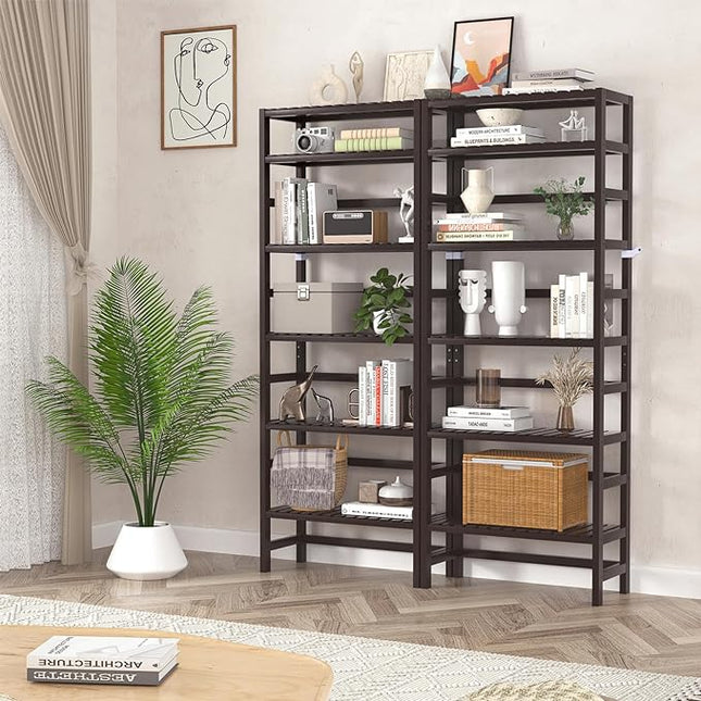Homykic Bamboo Bookshelf, 6-Tier Adjustable 63.4” Tall Bookcase Book Shelf Organizer Free Standing Storage Shelving Unit for Living Room, Bathroom, Kitchen, Bedroom, Rust Resistance, Espresso - LeafyLoom