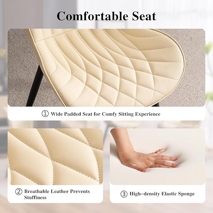YOUNIKE Dining Chairs Set of 2, Upholstered Faux Leather Kitchen Chairs Dining Room Chairs, Modern Living Room Bedroom Side Chairs with Wide Curved Back and Adjustable Metal Legs, Beige - LeafyLoom