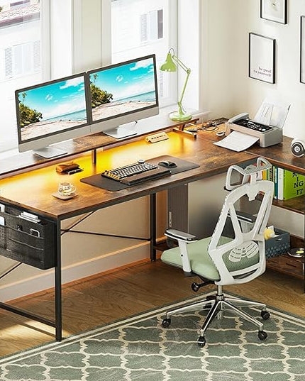 ODK 66 Inch Gaming Desk with USB Charging Ports and LED Lights, Reversible L Shaped Computer Desk with Storage Shelves & Monitor Stand, Home Office Desk Table with Power Outlets, Vintage - LeafyLoom