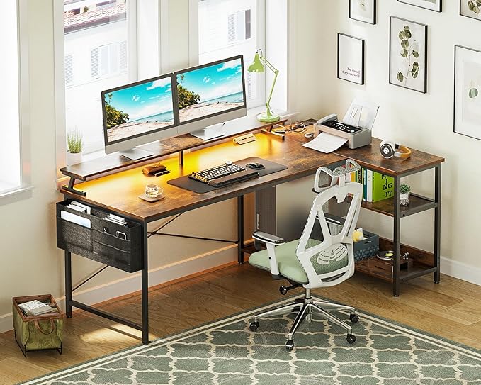 ODK 66 Inch Gaming Desk with USB Charging Ports and LED Lights, Reversible L Shaped Computer Desk with Storage Shelves & Monitor Stand, Home Office Desk Table with Power Outlets, Vintage - LeafyLoom