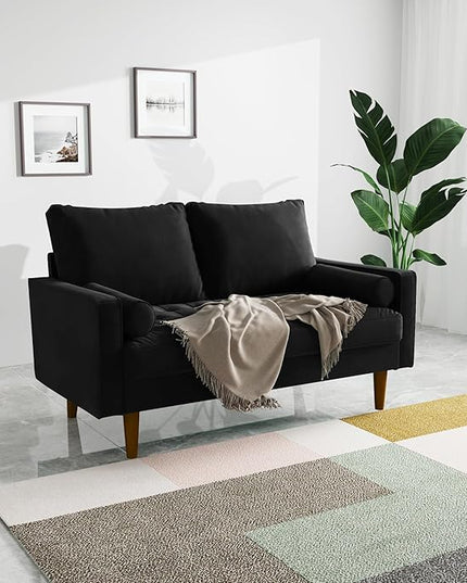 Velvet Furniture for Small Spaces, Mid-Century Modern Loveseats for Living Room, Love Seat Couch Sofas, 58 Inches, Black - LeafyLoom