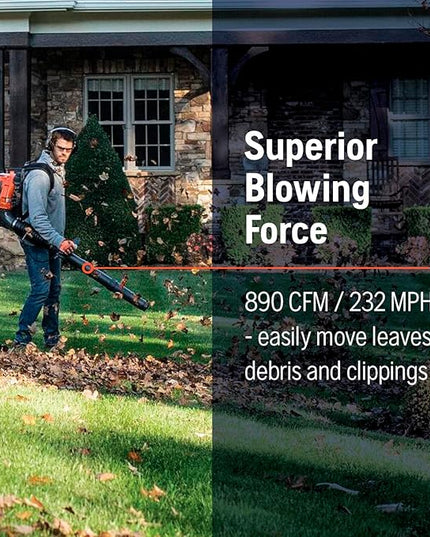 Husqvarna 360BT Gas Leaf Blower, 65.6-cc 3.81-HP 2-Cycle Backpack Leaf Blower with 890-CFM, 232-MPH, 30-N Powerful Clearing Performance and Load-Reducing Harness - LeafyLoom