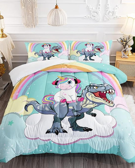 Unicorn Comforter Set 3Pcs Cartoon Dinosaur Kids Bedding Set Rainbow Cloudy Star Bed Set with 1 Comforter and 2 Pillowcases - LeafyLoom