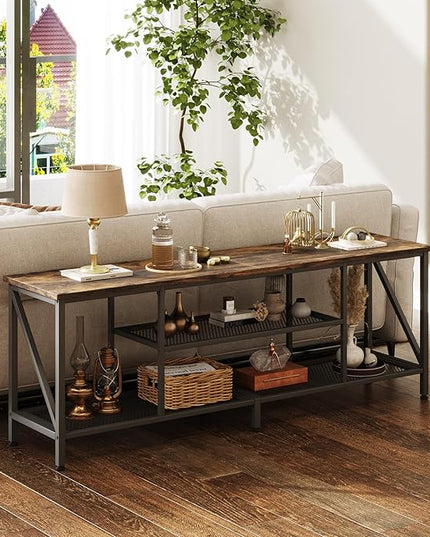 TV Stand for 70 Inch TV, 63" Entertainment Center for 50/55/60/65/70 Inch TV, Modern 3-Tier Open Storage Shelves, Industrial Long TV Media Console Table for Living Room, Bedroom, Rustic Brown - LeafyLoom