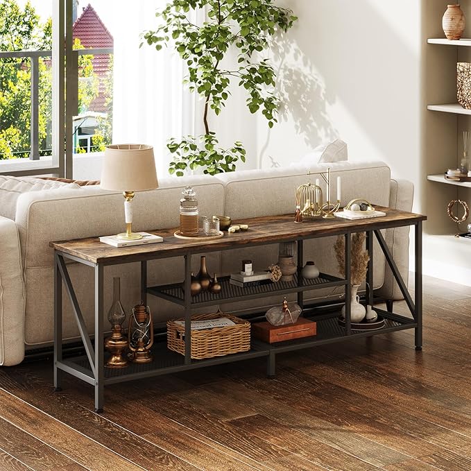 TV Stand for 70 Inch TV, 63" Entertainment Center for 50/55/60/65/70 Inch TV, Modern 3-Tier Open Storage Shelves, Industrial Long TV Media Console Table for Living Room, Bedroom, Rustic Brown - LeafyLoom