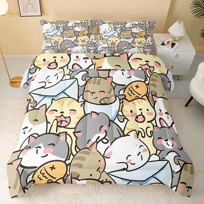 Kawaii Cat Comforter Full Size,Cute Cat Comforter Set for Kids Teens Girls,3Pcs Bedding Set Printed Comforter with 2 Pillowcases,Down Alternative,Soft and Lightweight，Full Size - LeafyLoom