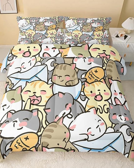 Kawaii Cat Comforter Twin Size,Cute Cat Comforter Set for Kids Teens Girls,3Pcs Bedding Set Printed Comforter with 2 Pillowcases,Down Alternative,Soft and Lightweight，Twin Size - LeafyLoom