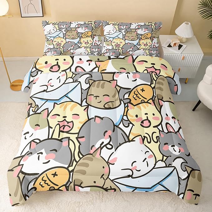 Kawaii Cat Comforter Twin Size,Cute Cat Comforter Set for Kids Teens Girls,3Pcs Bedding Set Printed Comforter with 2 Pillowcases,Down Alternative,Soft and Lightweight，Twin Size - LeafyLoom