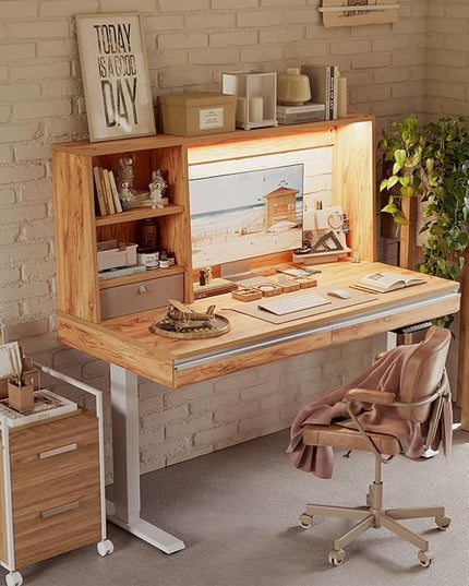 FEZIBO 55 x 27.5 Inches Electric Standing Desk with Open Shelf&LED Strip, Adjustable Height Sit Stand Up Desks with 3 Drawers, Ergonomic Workstation, Light Rustic（2 packages - LeafyLoom