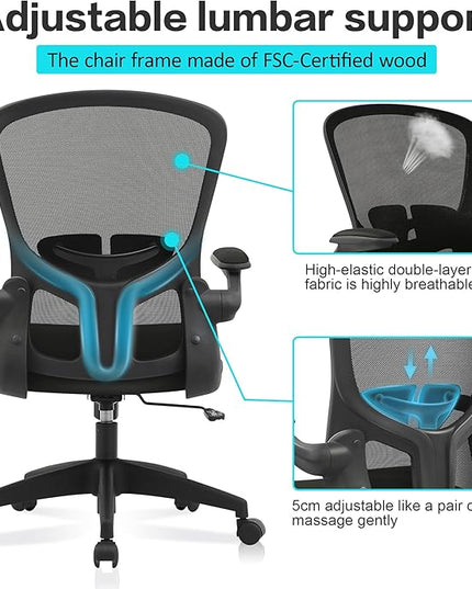 FelixKing Office Desk Chairs, Ergonomic PC Desk Chair with Wheels, Adjustable Lumbar Support and Height, Swivel Computer Chair with Flip-up Armrests, Ergo Mesh Backrest for Working (Black) - LeafyLoom