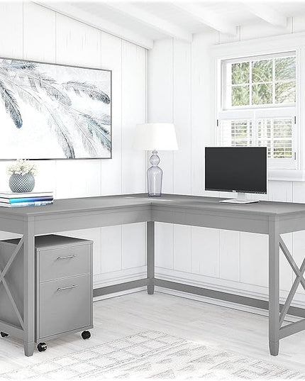 Bush Furniture Key West 60W L Shaped Desk with 2 Drawer Mobile File Cabinet in Cape Cod Gray - LeafyLoom