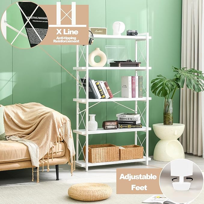 HCHQHS Bookshelf, 5-Tier Industrial Bookcase, White Open Book Shelf, Freestanding Tall Bookshelves with Metal Frame - LeafyLoom