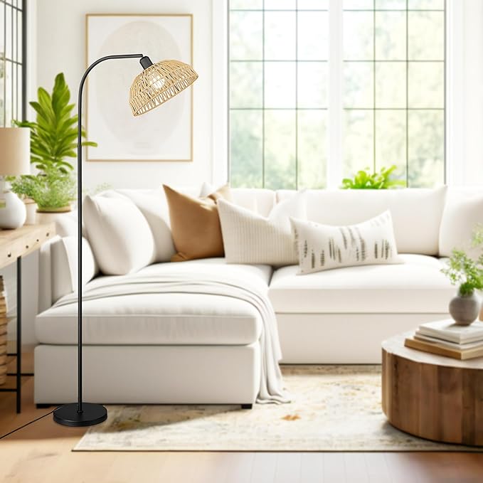 Farmhouse Floor Lamps with Remote Control for Living Room, Arch Tall Standing Lamp, Over Couch Mid Century Arched Reading Lamp, Dimmable Tall Lamp with 9W LED Bulb for Bedroom,Office (Black) - LeafyLoom