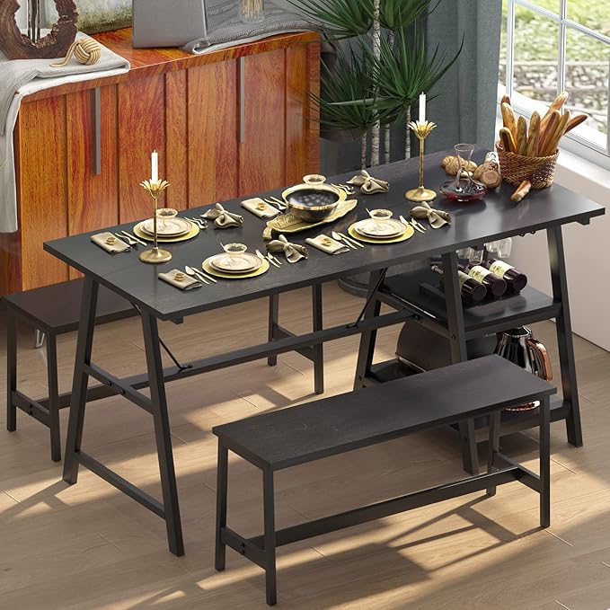soges 3 Pieces Kitchen Dining Table Set for 4, Breakfast Table Set with 2 Benches, 4-Person Wooden Dinette with Wine Shelf and Glass Holder, Black 10CZWKDS04BW140 - LeafyLoom