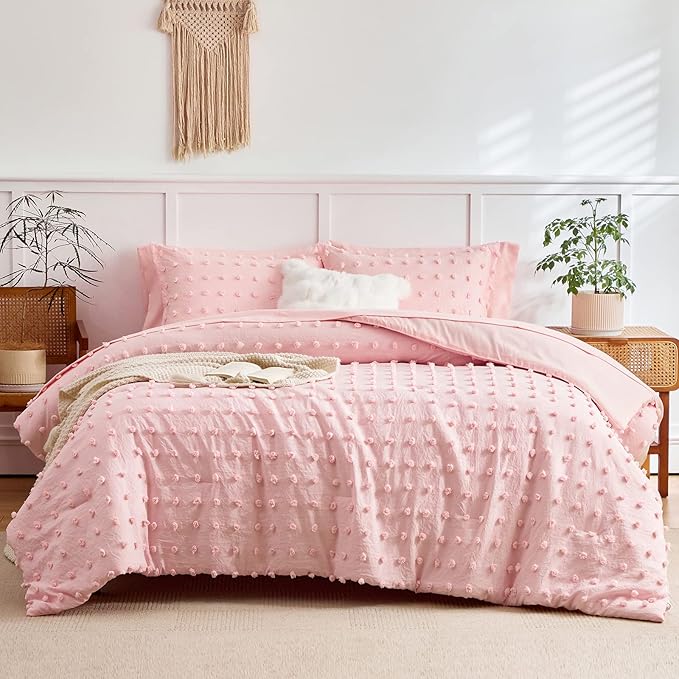 7 Pieces Tufted Dots Bed in a Bag Queen Comforter Set Girls Pink , Soft and Embroidery Shabby Chic Boho Comforters, Luxury Solid Color with Pom Pom Design, Jacquard Tufts Bedding Set for All Season - LeafyLoom