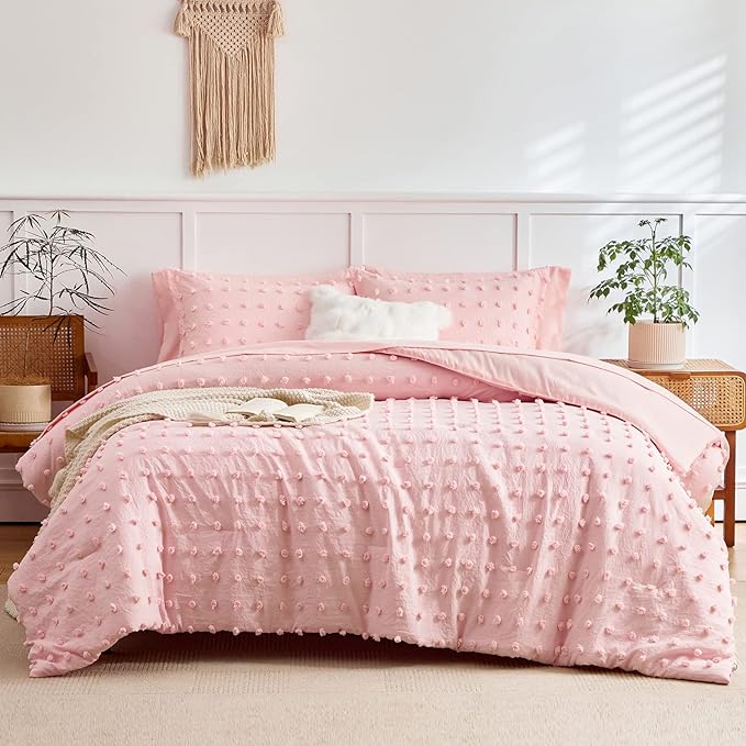 6 Pieces Tufted Dots Bed in a Bag Twin Comforter Set Girls Pink , Soft and Embroidery Shabby Chic Boho Bohemian Comforters, Luxury Solid Color with Pom Pom Design, Jacquard Tufts Bedding Set for Kids - LeafyLoom