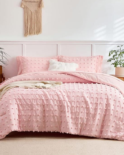 7 Pieces Tufted Dots Bed in a Bag King Comforter Set with Sheets Pink , Soft and Embroidery Shabby Chic Boho Comforters, Solid Color with Pom Pom Design, Jacquard Tufts Bedding Set for All Season - LeafyLoom