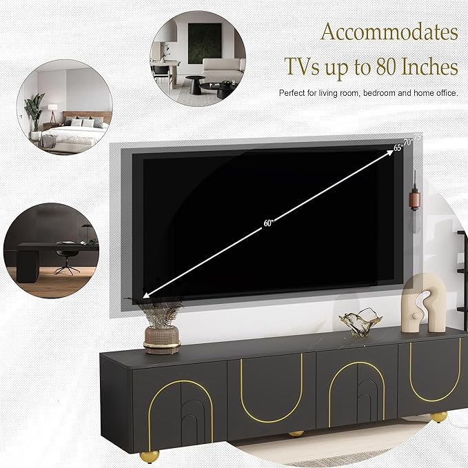 Merax Modern TV Stand for Televisions up to 75 Inches, 68.9“ Entertainment Center with Storage Cabinets and Adjustable Shelf, Media Console Table & Marble-patterned Top for Living room, Black - LeafyLoom