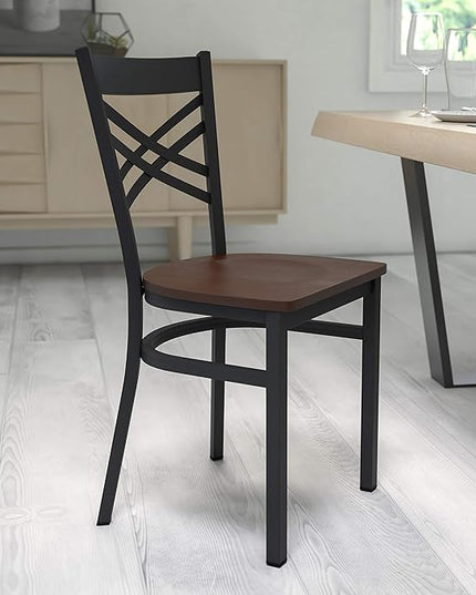 Flash Furniture HERCULES Series Black ''X'' Back Metal Restaurant Chair - Mahogany Wood Seat - LeafyLoom
