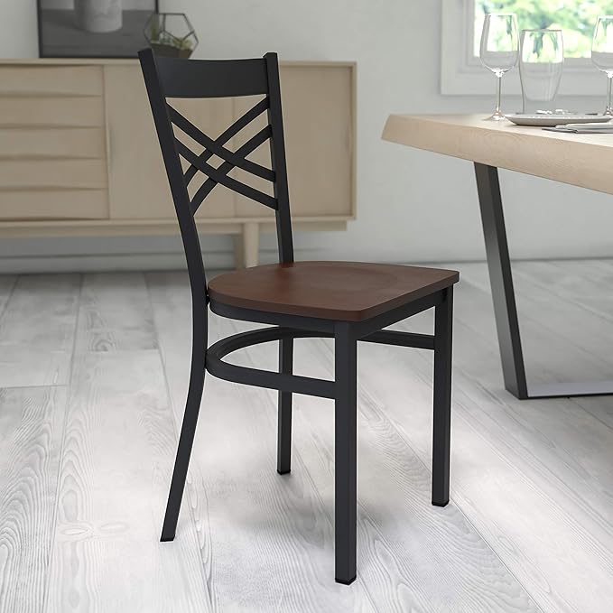 Flash Furniture HERCULES Series Black ''X'' Back Metal Restaurant Chair - Mahogany Wood Seat - LeafyLoom
