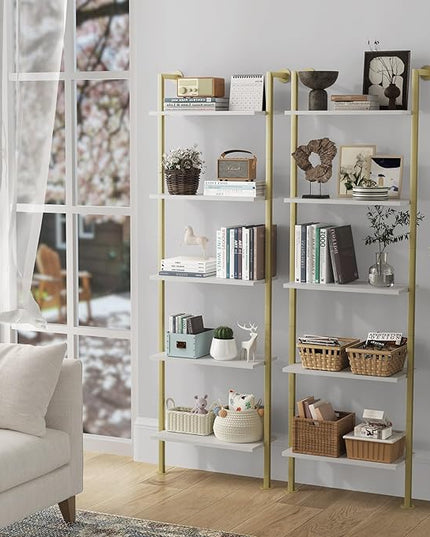 5-Tier Bookshelf Solid Wood Ladder Shelf, Narrow Book shelf Set of 2, Wooden Ladder Shelf Bookcase, Wall Mount Ladder Shelf, Storage Rack for Living Room, Bedroom, Bathroom, White and Gold - LeafyLoom