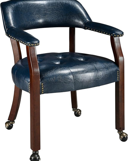 Dining Chairs with Casters and Arms, Rolling Dining Chairs with Wheels, Accent Game Poker Table Chairs, Solid Wood Boss Caption's Chairs Office Desk Chairs, Cherry Legs & Blue SY-1533-LB - LeafyLoom