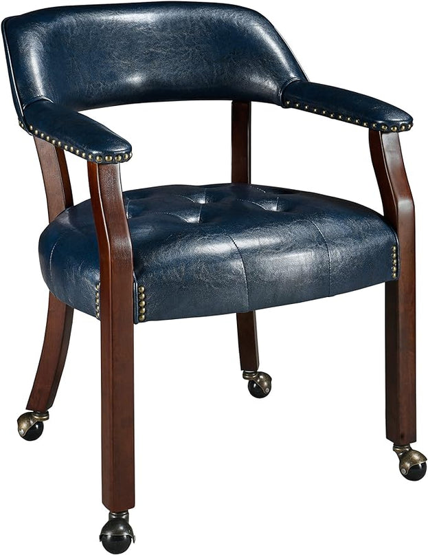 Dining Chairs with Casters and Arms, Rolling Dining Chairs with Wheels, Accent Game Poker Table Chairs, Solid Wood Boss Caption's Chairs Office Desk Chairs, Cherry Legs & Blue SY-1533-LB - LeafyLoom