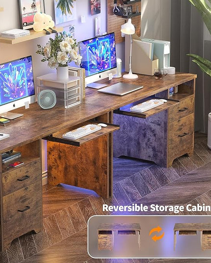Office Desk with File Cabinet, 55 Inch Reversible Computer Desk with Smart LED Light and Power Outlet, Sturdy Gaming Desk with Keyboard Tray & Storage Drawers, Easy to Assemble, Rustic Brown - LeafyLoom